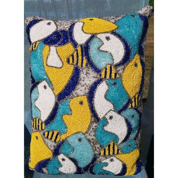 Lot Of 2: Pier 1 Handmade Fish Beaded Decorative Pillows Teal Blue Life Aquatic - Picture 7 of 16